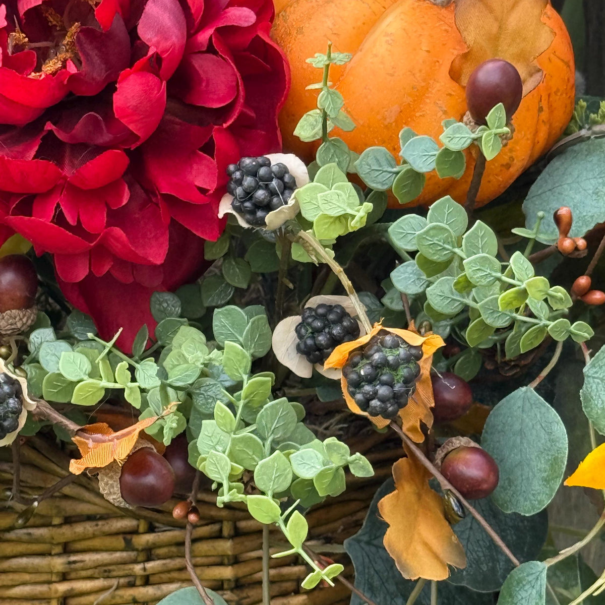 Wreath fall basket filled with autumn flowers, XL 24”x24”x9, Perfect for entry way hook, Thanksgiving decor, Housewarming and hostess gifts!