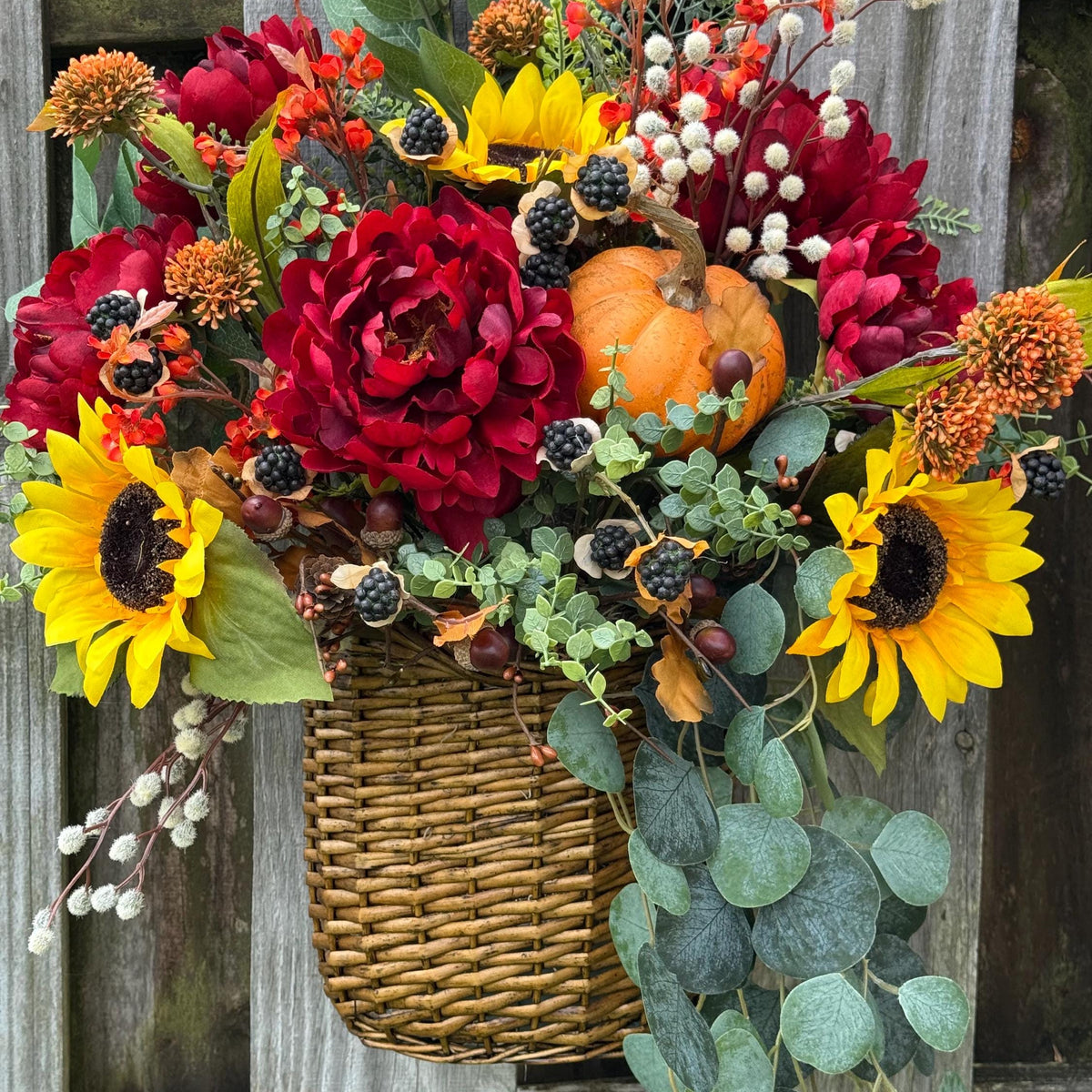 Wreath fall basket filled with autumn flowers, XL 24”x24”x9, Perfect for entry way hook, Thanksgiving decor, Housewarming and hostess gifts!