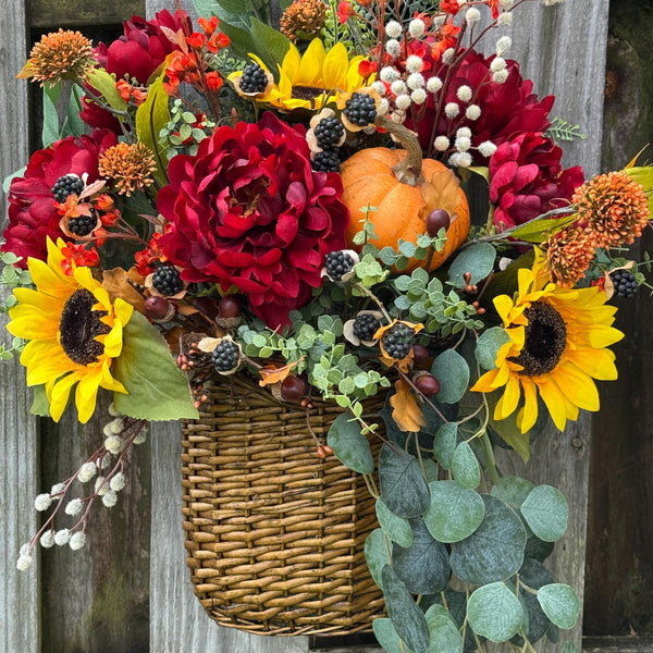 Wreath fall basket filled with autumn flowers, XL 24”x24”x9, Perfect for entry way hook, Thanksgiving decor, Housewarming and hostess gifts!
