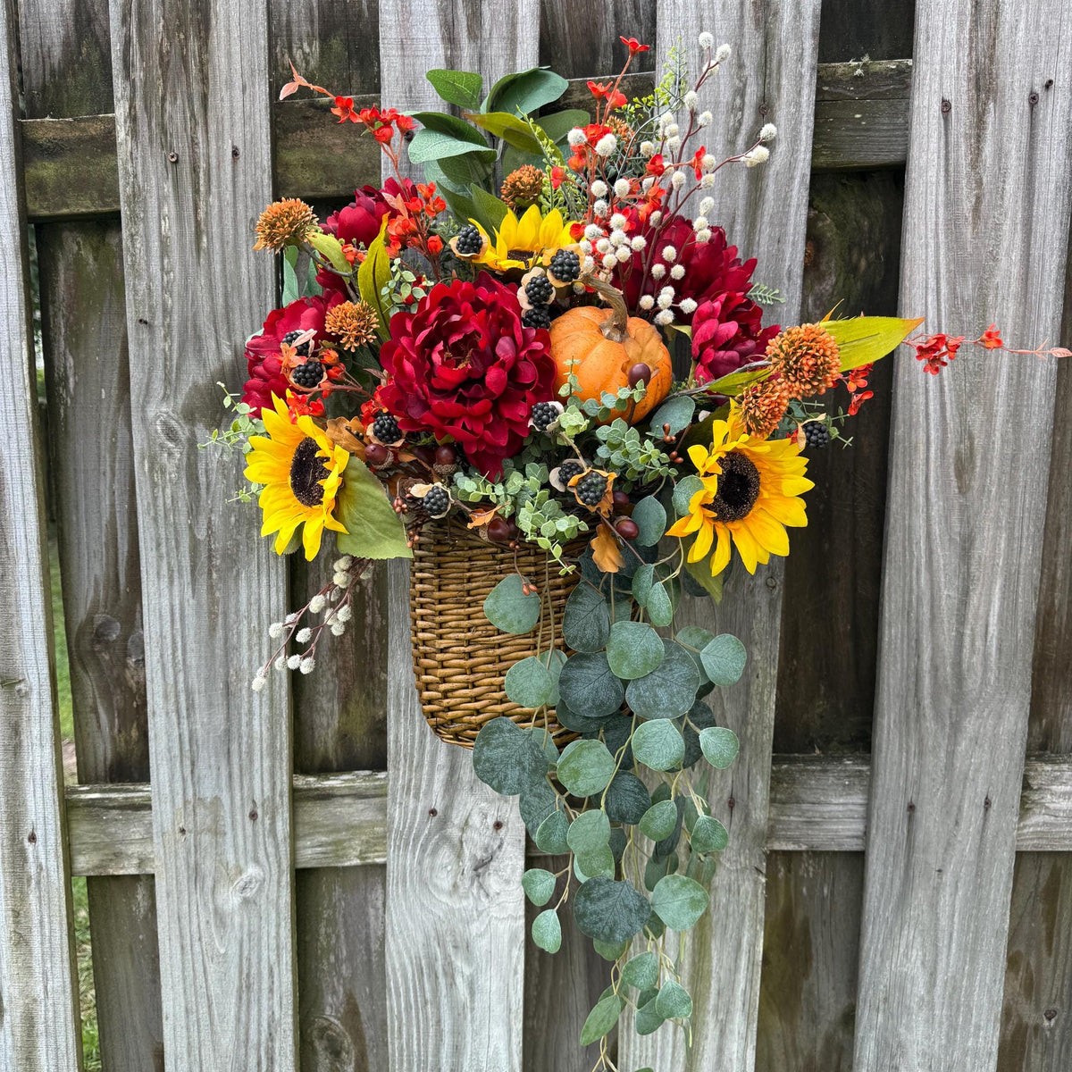 Wreath fall basket filled with autumn flowers, XL 24”x24”x9, Perfect for entry way hook, Thanksgiving decor, Housewarming and hostess gifts!