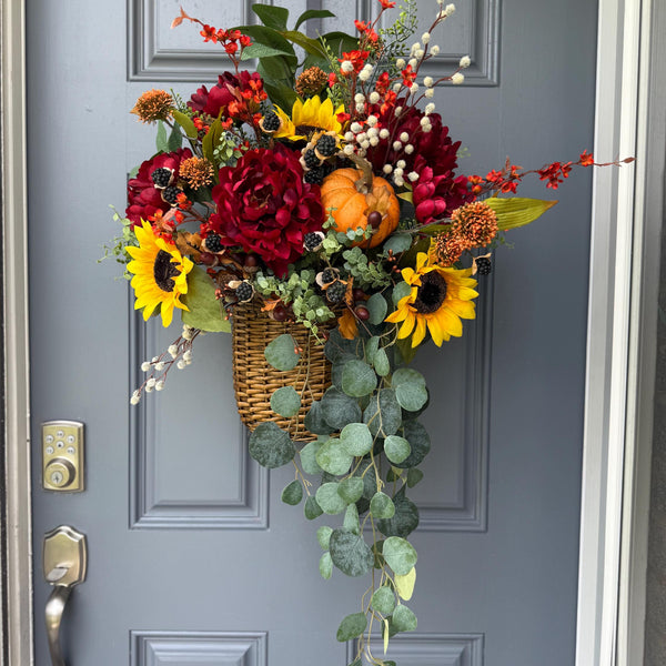 Wreath fall basket filled with autumn flowers, XL 24”x24”x9, Perfect for entry way hook, Thanksgiving decor, Housewarming and hostess gifts!