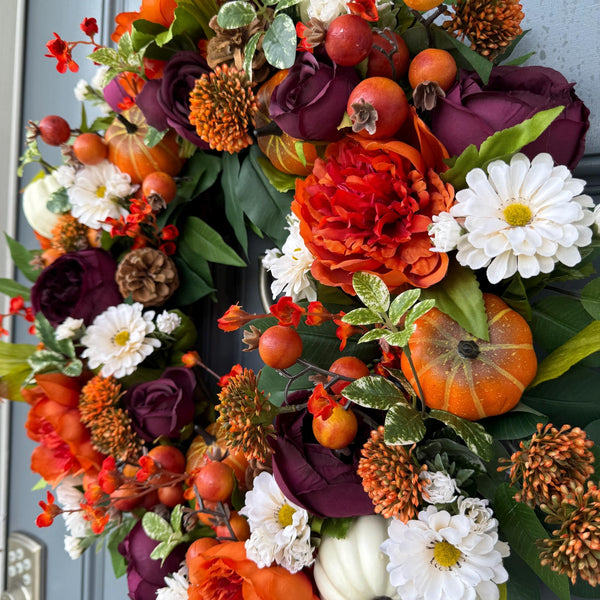 Fall front door wreath, autumn decor, fall decorations, fall home decor, housewarming gift, Thanksgiving decor, harvest wall decor, pumpkins