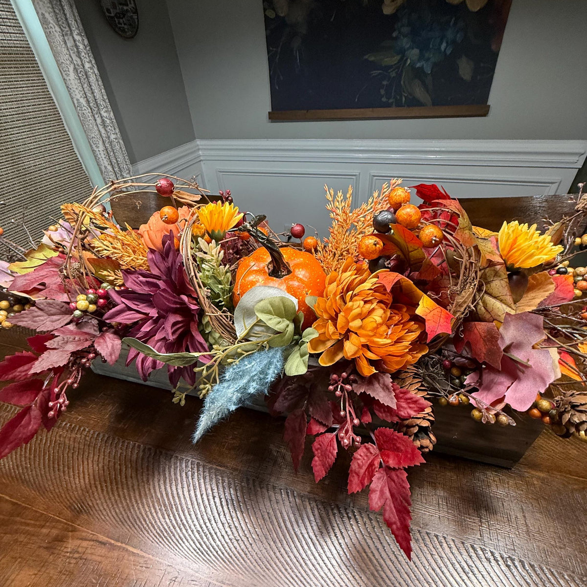 Table wood centerpiece, Thanksgiving table decor, harvest decoration, Autumn arrangement, farmhouse decor, housewarming/hostess gift 20x4x4