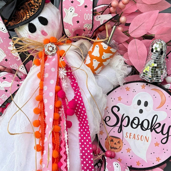 Pink Ghost Halloween Wreath | Halloween Decorations | October Pink Awareness Month Wreath | Cancer Awareness Month | Glam Ghost | 22”