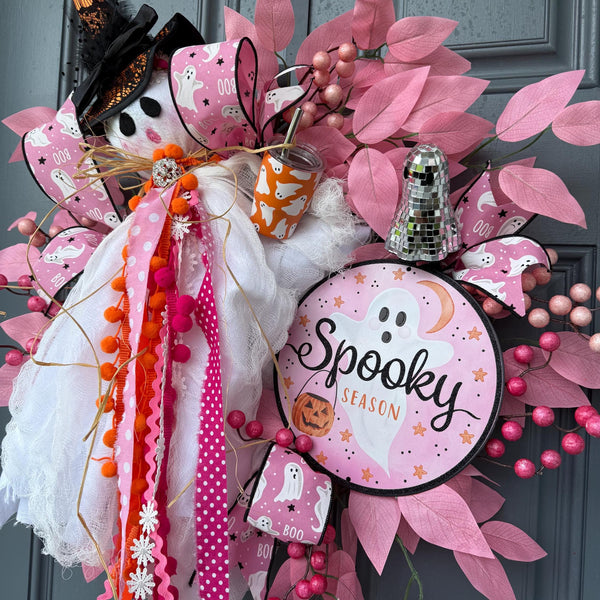 Pink Ghost Halloween Wreath | Halloween Decorations | October Pink Awareness Month Wreath | Cancer Awareness Month | Glam Ghost | 22”