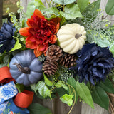 Fall front door blue pumpkin wreath, Autumn wreath with Chinoiserie ribbon , Thanksgiving wreath, Harvest wreath, Fall foliage, 24” and 30”