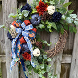 Fall front door blue pumpkin wreath, Autumn wreath with Chinoiserie ribbon , Thanksgiving wreath, Harvest wreath, Fall foliage, 24” and 30”