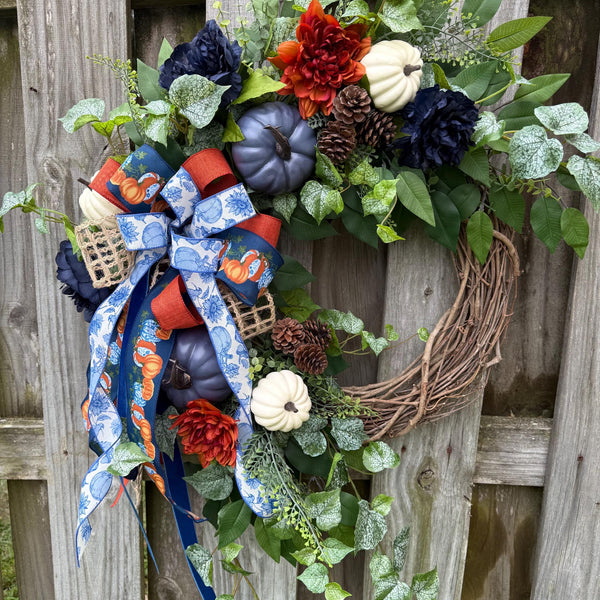 Fall front door blue pumpkin wreath, Autumn wreath with Chinoiserie ribbon , Thanksgiving wreath, Harvest wreath, Fall foliage, 24” and 30”