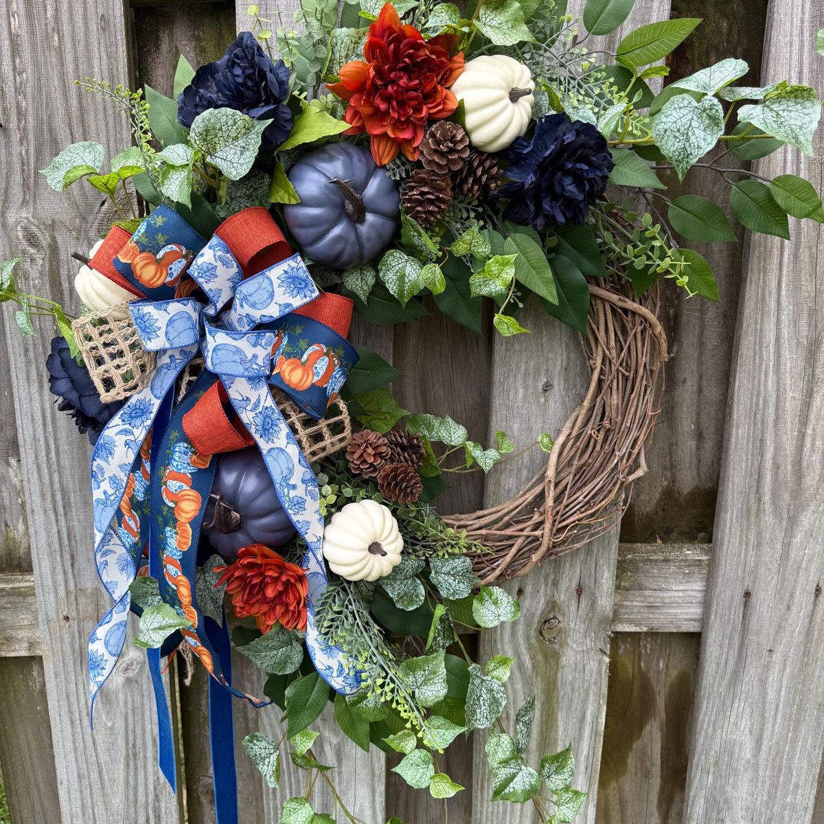 Fall front door blue pumpkin wreath, Autumn wreath with Chinoiserie ribbon , Thanksgiving wreath, Harvest wreath, Fall foliage, 24” and 30”