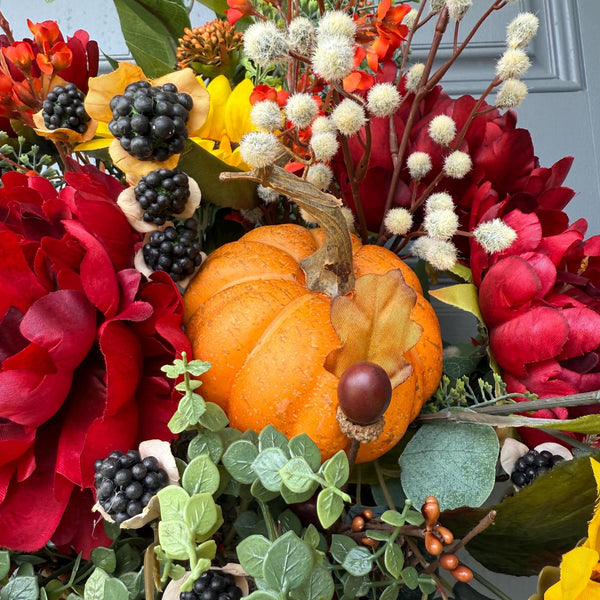 Wreath fall basket filled with autumn flowers, XL 24”x24”x9, Perfect for entry way hook, Thanksgiving decor, Housewarming and hostess gifts!