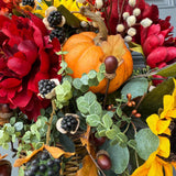 Wreath fall basket filled with autumn flowers, XL 24”x24”x9, Perfect for entry way hook, Thanksgiving decor, Housewarming and hostess gifts!
