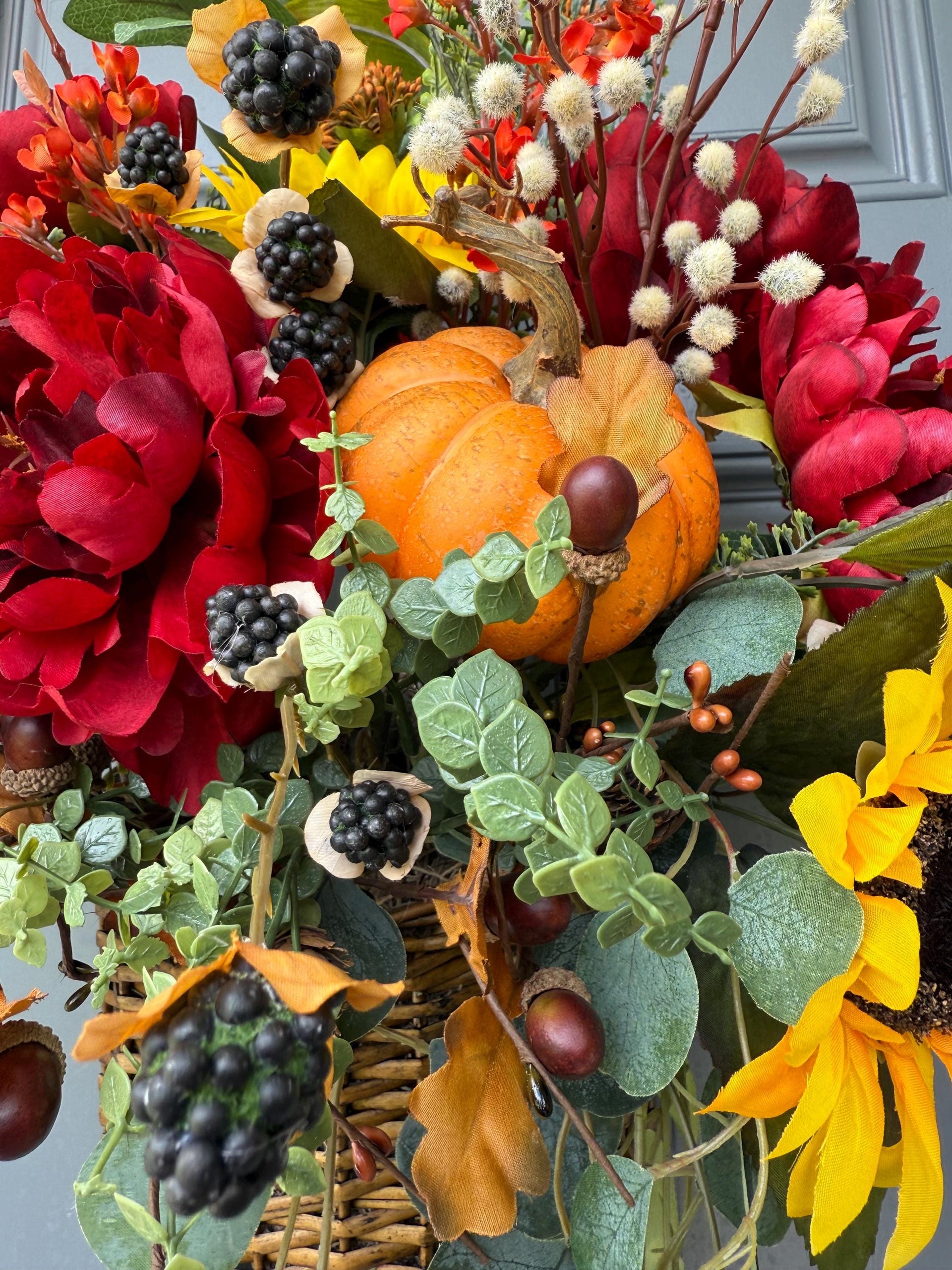  Wreath fall basket filled with autumn flowers, XL 24”x24”x9, Perfect for entry way hook, Thanksgiving decor, Housewarming and hostess gifts!