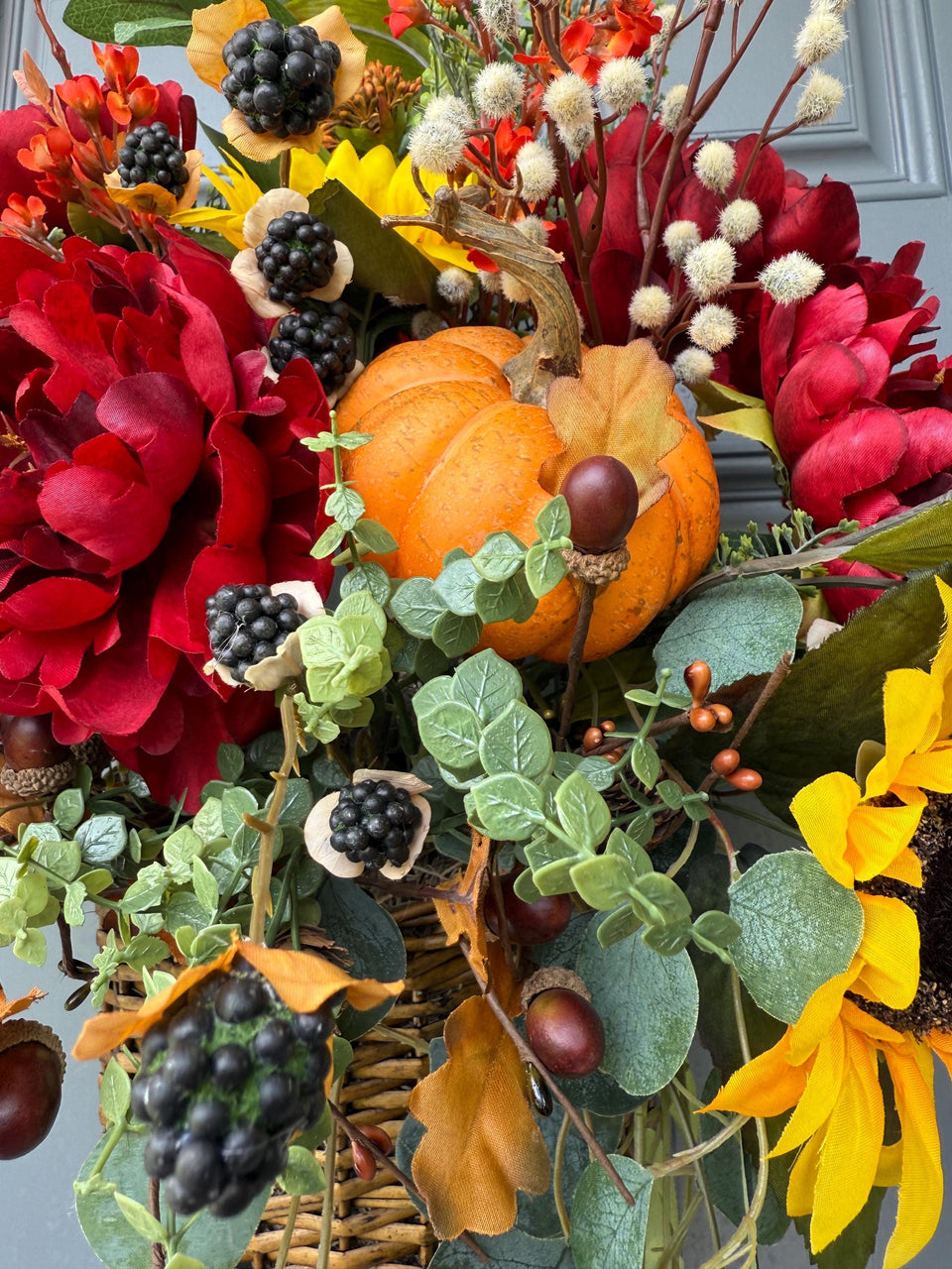  Wreath fall basket filled with autumn flowers, XL 24”x24”x9, Perfect for entry way hook, Thanksgiving decor, Housewarming and hostess gifts!