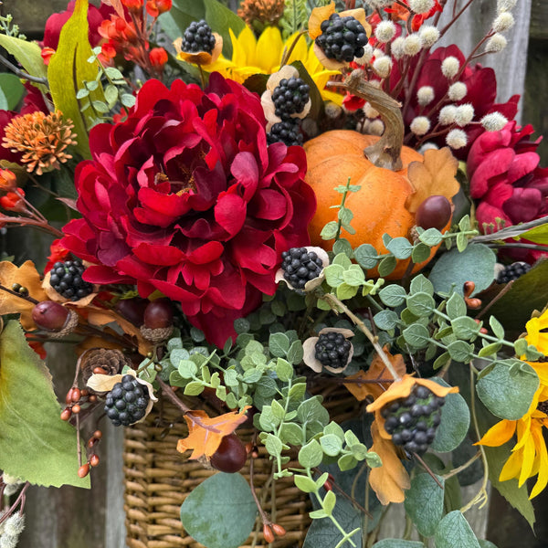 Wreath fall basket filled with autumn flowers, XL 24”x24”x9, Perfect for entry way hook, Thanksgiving decor, Housewarming and hostess gifts!