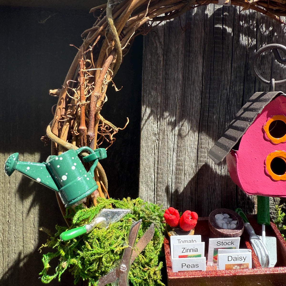 Wreath for garden and bird lover, mini wreath on a metal stand perfect for a desk, kitchen sink or just on a end table. 6” wreath stand