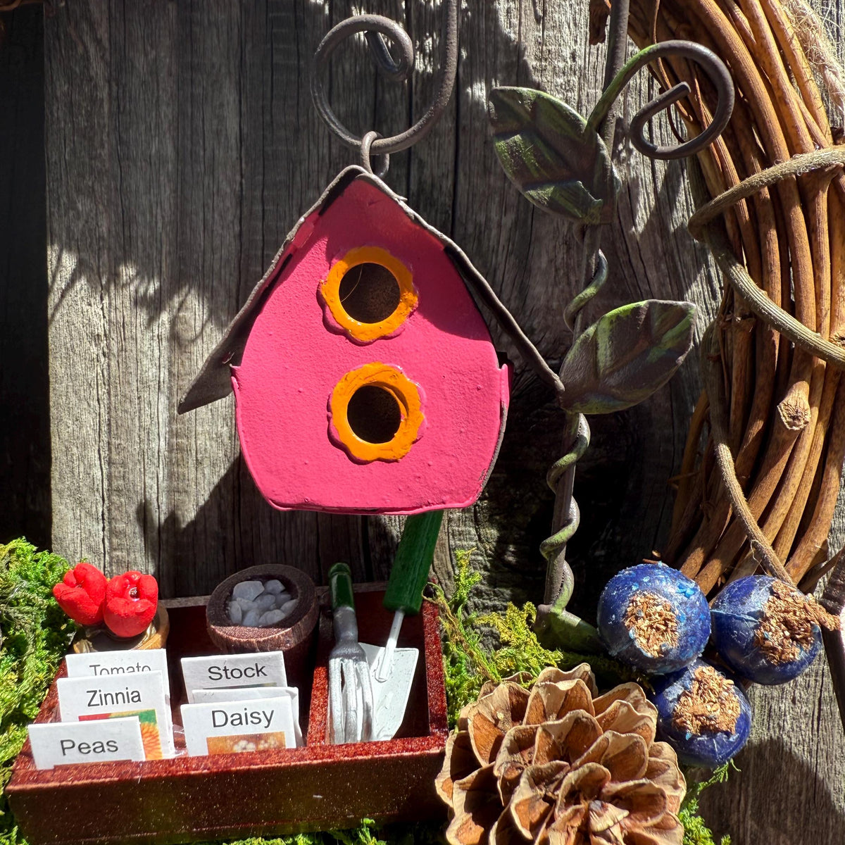 Wreath for garden and bird lover, mini wreath on a metal stand perfect for a desk, kitchen sink or just on a end table. 6” wreath stand