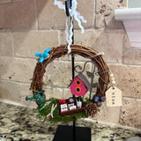 Wreath for garden and bird lover, mini wreath on a metal stand perfect for a desk, kitchen sink or just on a end table. 6” wreath stand