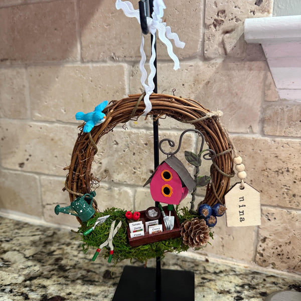 Wreath for garden and bird lover, mini wreath on a metal stand perfect for a desk, kitchen sink or just on a end table. 6” wreath stand