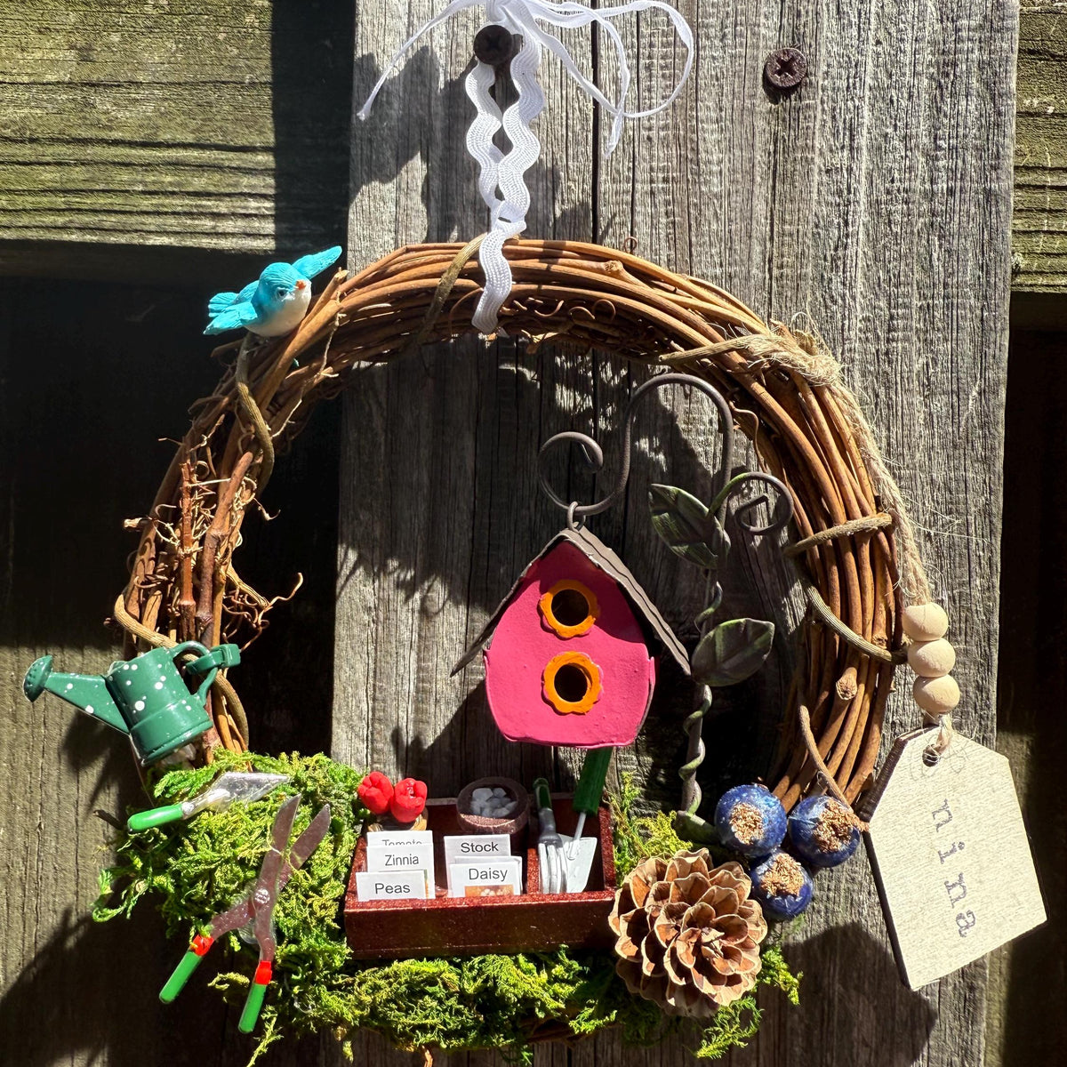 Wreath for garden and bird lover, mini wreath on a metal stand perfect for a desk, kitchen sink or just on a end table. 6” wreath stand