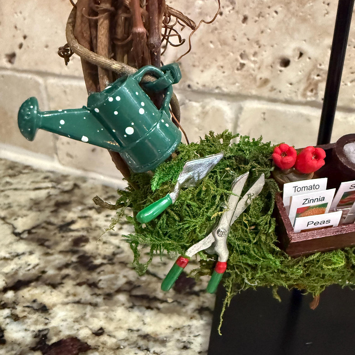 Wreath for garden and bird lover, mini wreath on a metal stand perfect for a desk, kitchen sink or just on a end table. 6” wreath stand