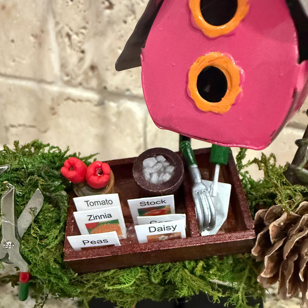 Wreath for garden and bird lover, mini wreath on a metal stand perfect for a desk, kitchen sink or just on a end table. 6” wreath stand