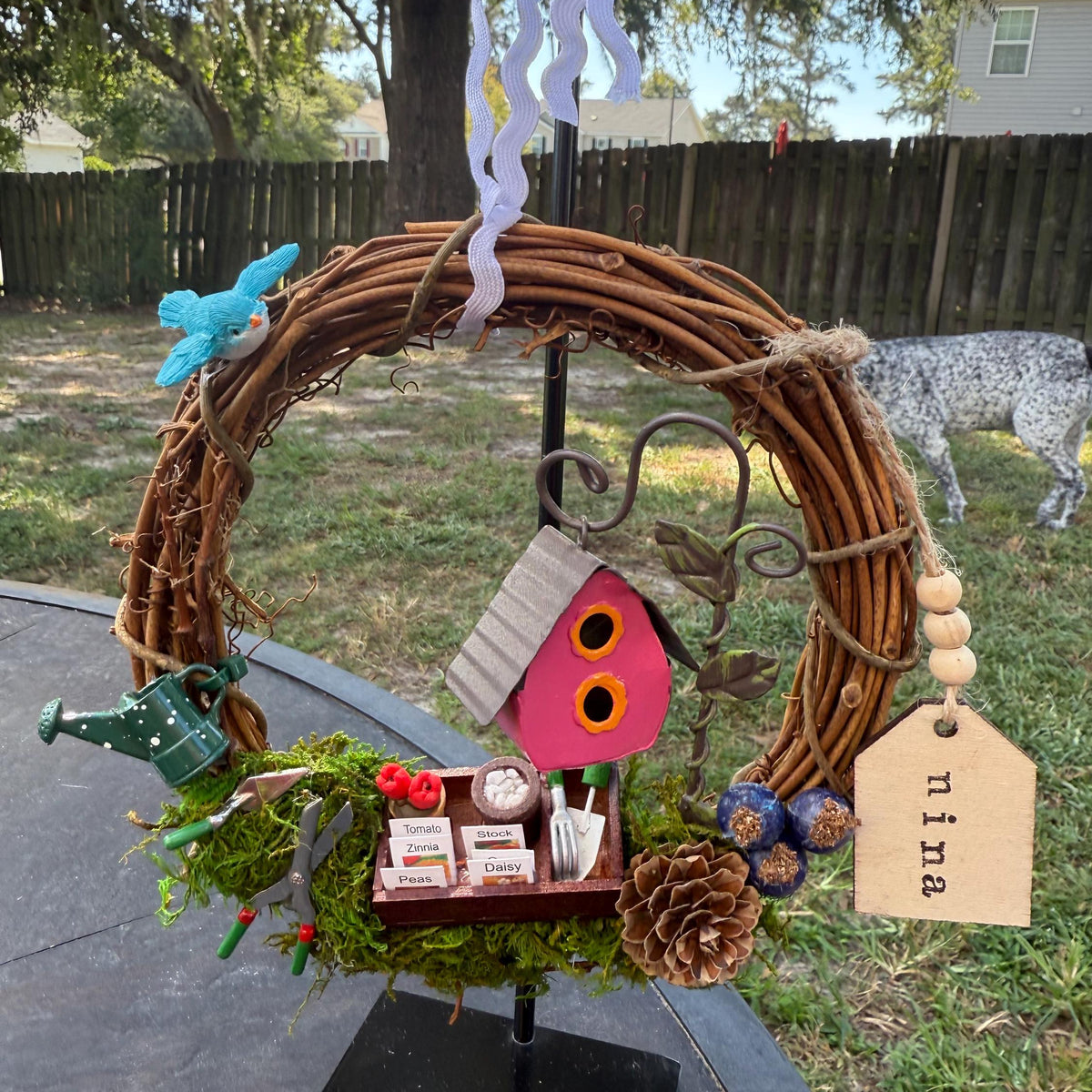 Wreath for garden and bird lover, mini wreath on a metal stand perfect for a desk, kitchen sink or just on a end table. 6” wreath stand