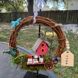 Wreath for garden and bird lover, mini wreath on a metal stand perfect for a desk, kitchen sink or just on a end table. 6” wreath stand