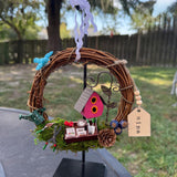 Wreath for garden and bird lover, mini wreath on a metal stand perfect for a desk, kitchen sink or just on a end table. 6” wreath stand