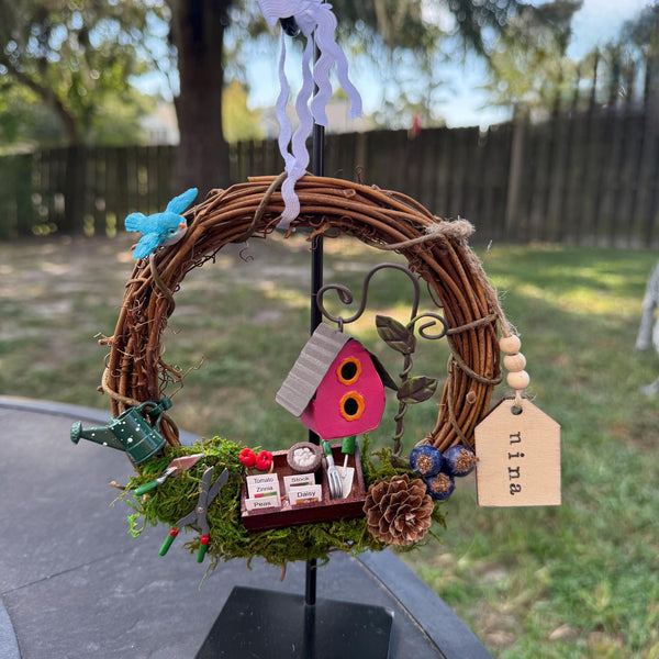 Wreath for garden and bird lover, mini wreath on a metal stand perfect for a desk, kitchen sink or just on a end table. 6” wreath stand