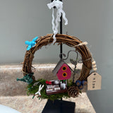 Wreath for garden and bird lover, mini wreath on a metal stand perfect for a desk, kitchen sink or just on a end table. 6” wreath stand