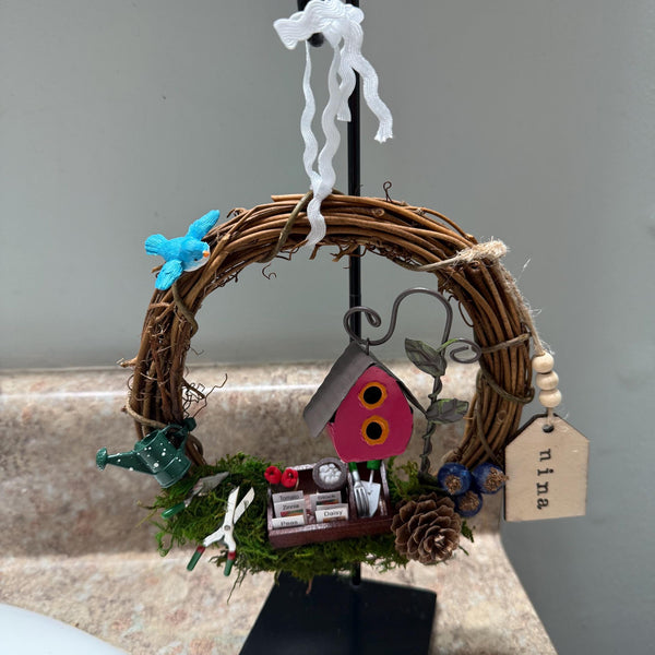 Wreath for garden and bird lover, mini wreath on a metal stand perfect for a desk, kitchen sink or just on a end table. 6” wreath stand