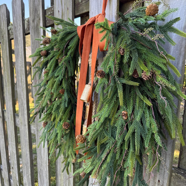 Fall greenery norfolk pine front door wreath with brass bells, Fall season, Thanksgiving wreath, Autumn wreath, Velvet double sided ribbon