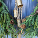 Fall greenery norfolk pine front door wreath with brass bells, Fall season, Thanksgiving wreath, Autumn wreath, Velvet double sided ribbon