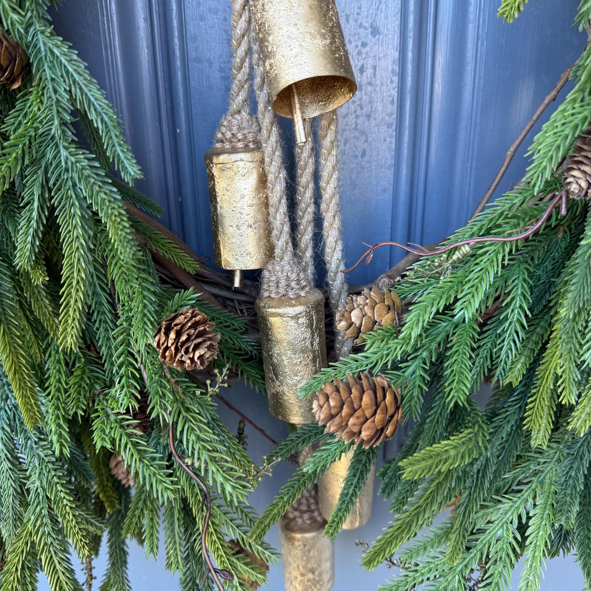 Hanukkah wreath, Chanukah wreath, Blue and gold bell wreath, norfolk pine front door wreath, All season wreath, Velvet ribbon double sided