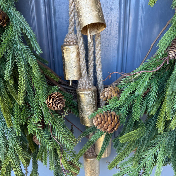 Hanukkah wreath, Chanukah wreath, Blue and gold bell wreath, norfolk pine front door wreath, All season wreath, Velvet ribbon double sided