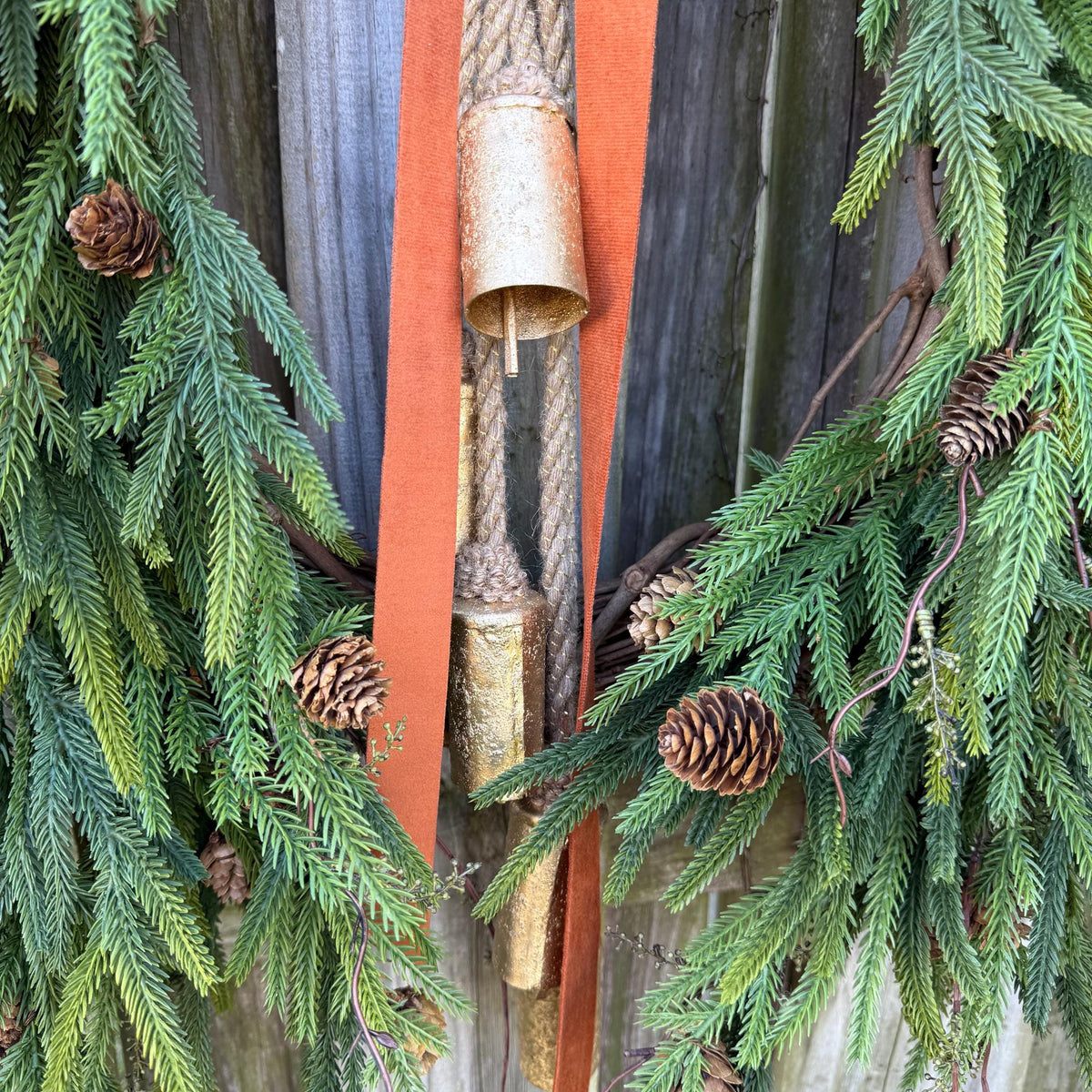 Fall greenery norfolk pine front door wreath with brass bells, Fall season, Thanksgiving wreath, Autumn wreath, Velvet double sided ribbon
