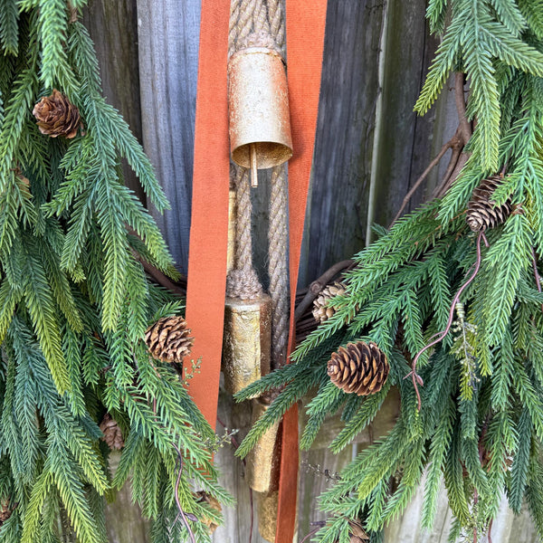 Fall greenery norfolk pine front door wreath with brass bells, Fall season, Thanksgiving wreath, Autumn wreath, Velvet double sided ribbon