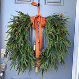 Fall greenery norfolk pine front door wreath with brass bells, Fall season, Thanksgiving wreath, Autumn wreath, Velvet double sided ribbon