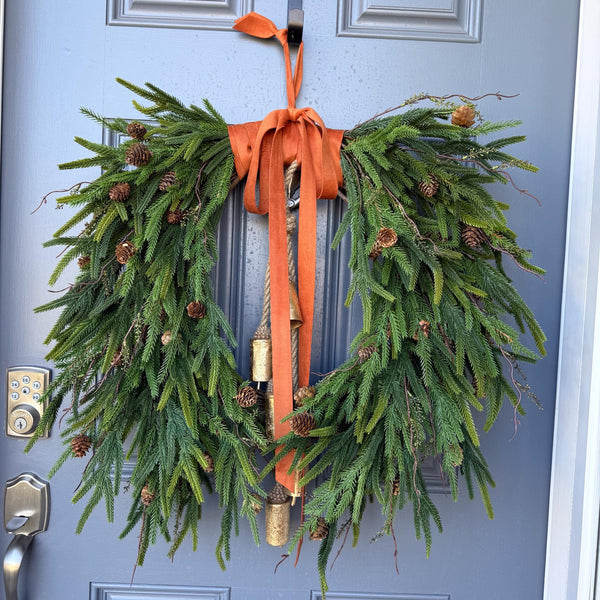Fall greenery norfolk pine front door wreath with brass bells, Fall season, Thanksgiving wreath, Autumn wreath, Velvet double sided ribbon