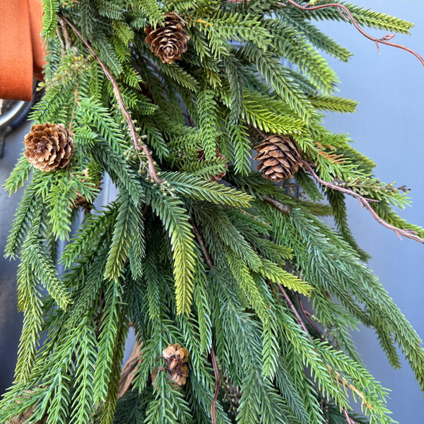 Fall greenery norfolk pine front door wreath with brass bells, Fall season, Thanksgiving wreath, Autumn wreath, Velvet double sided ribbon