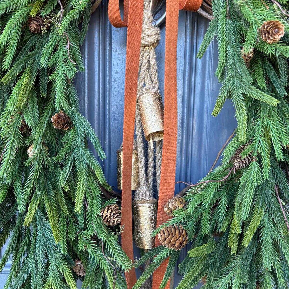 Fall greenery norfolk pine front door wreath with brass bells, Fall season, Thanksgiving wreath, Autumn wreath, Velvet double sided ribbon