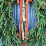 Fall greenery norfolk pine front door wreath with brass bells, Fall season, Thanksgiving wreath, Autumn wreath, Velvet double sided ribbon