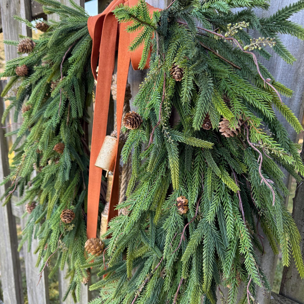 Fall greenery norfolk pine front door wreath with brass bells, Fall season, Thanksgiving wreath, Autumn wreath, Velvet double sided ribbon
