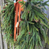 Fall greenery norfolk pine front door wreath with brass bells, Fall season, Thanksgiving wreath, Autumn wreath, Velvet double sided ribbon
