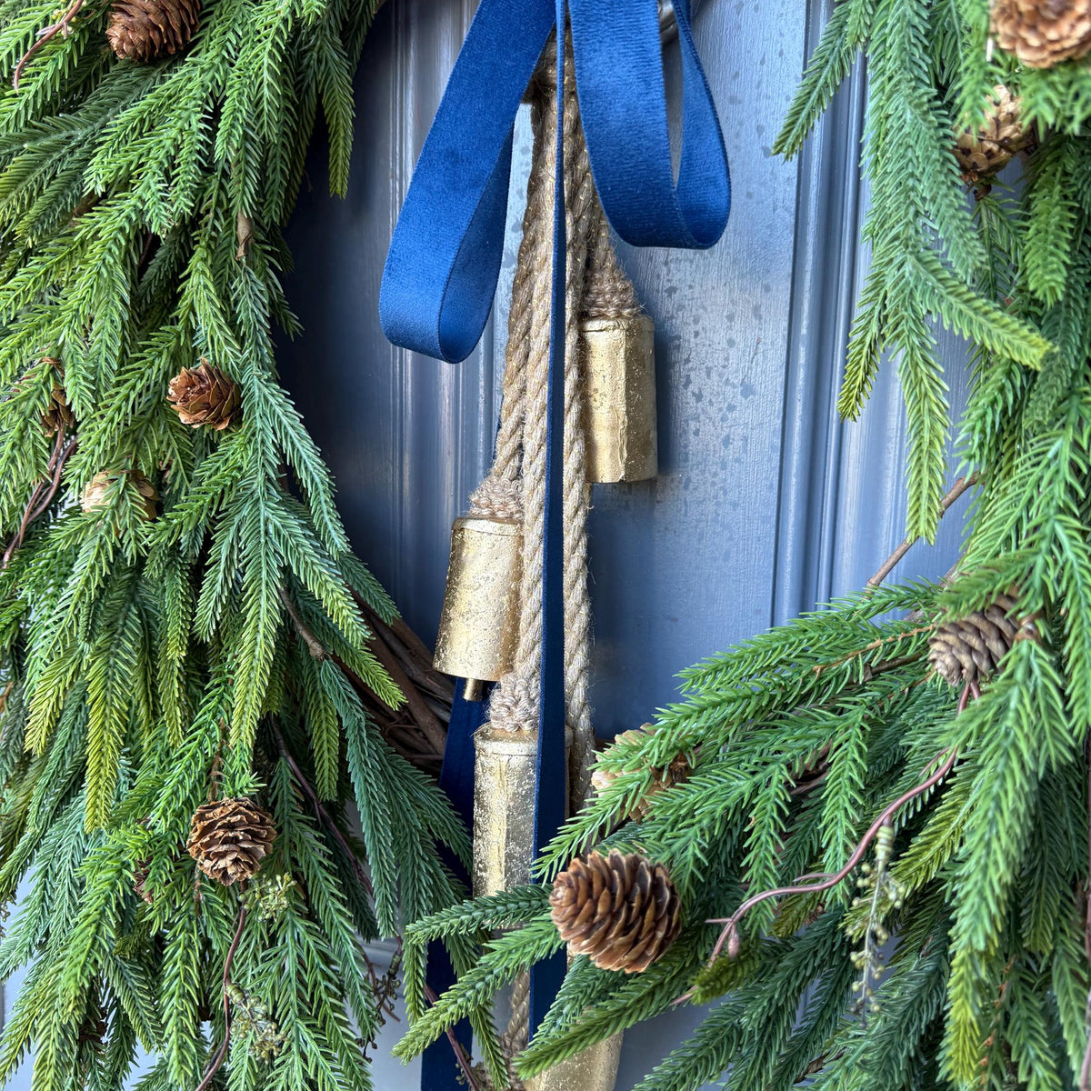 Hanukkah wreath, Chanukah wreath, Blue and gold bell wreath, norfolk pine front door wreath, All season wreath, Velvet ribbon double sided