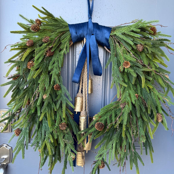 Hanukkah wreath, Chanukah wreath, Blue and gold bell wreath, norfolk pine front door wreath, All season wreath, Velvet ribbon double sided