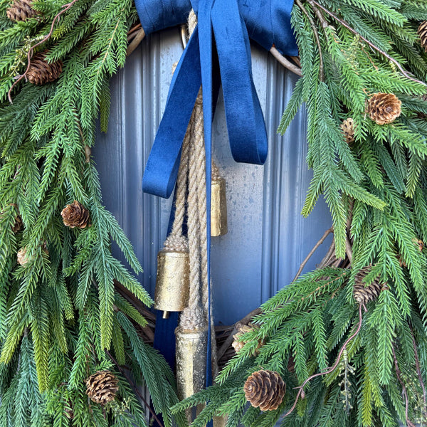 Hanukkah wreath, Chanukah wreath, Blue and gold bell wreath, norfolk pine front door wreath, All season wreath, Velvet ribbon double sided