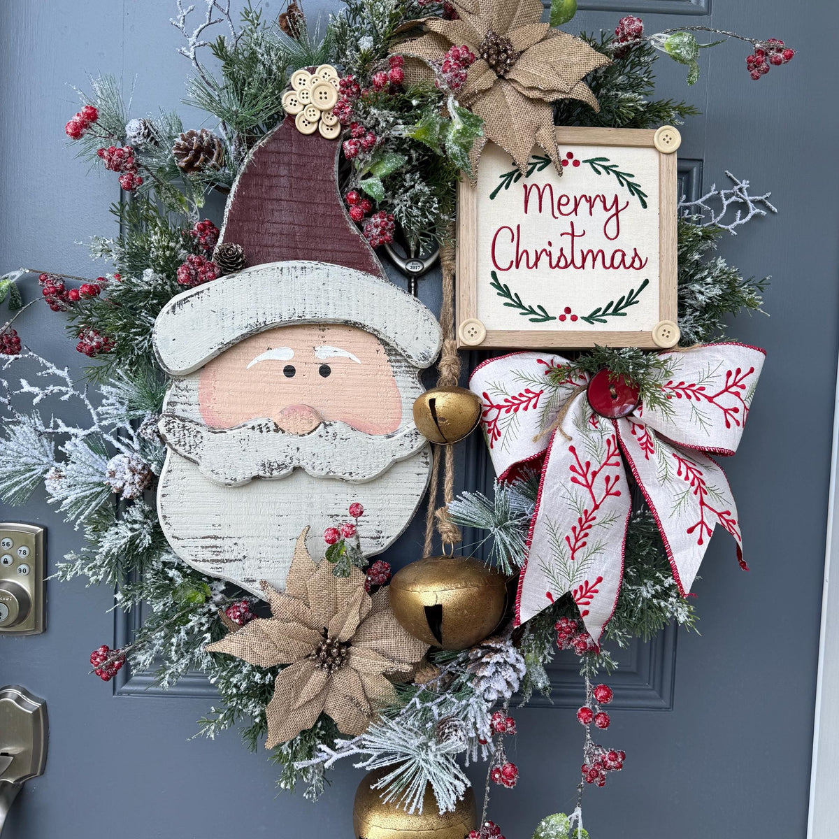 Santa wreath, Christmas wreath for front door, xmas wreath, Holiday wreath, Rustic Santa Wreath, Primitive Santa Wreath, Christmas decor xl