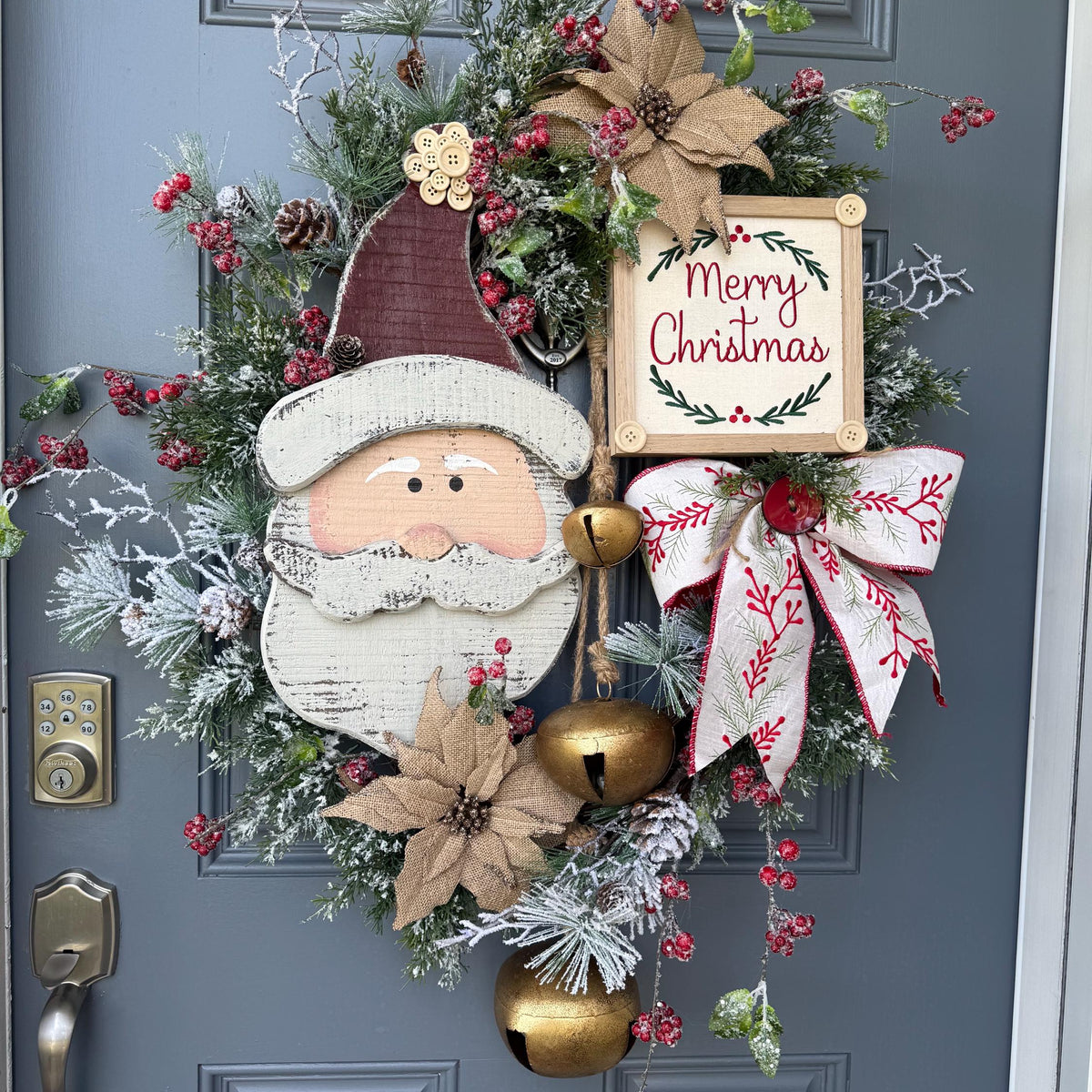 Santa wreath, Christmas wreath for front door, xmas wreath, Holiday wreath, Rustic Santa Wreath, Primitive Santa Wreath, Christmas decor xl