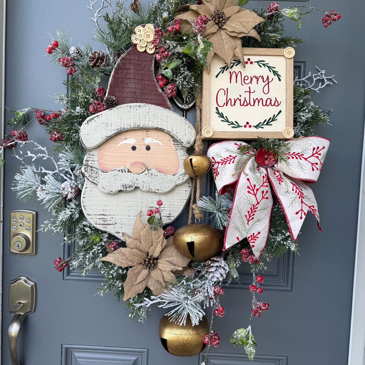 Santa wreath, Christmas wreath for front door, xmas wreath, Holiday wreath, Rustic Santa Wreath, Primitive Santa Wreath, Christmas decor xl